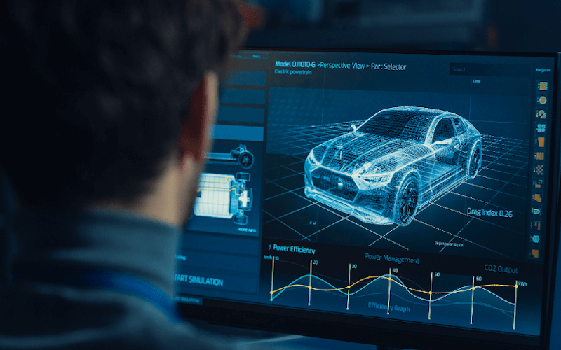 1 Konstrukteur sitzt vor einem Rechner, auf welchem er ein 3D CAD Modell abgebildet sieht