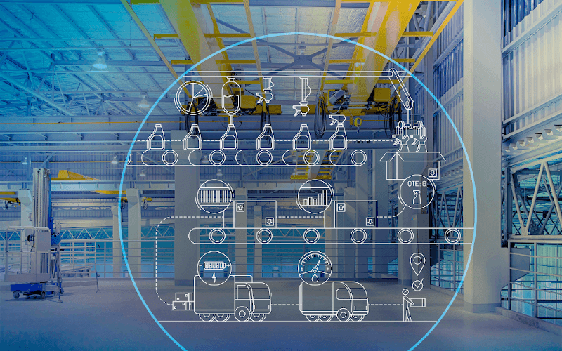 graphische Darstellung von Fertigungsstufen vor dem photographischen Hintergrund des Inneren einer Fertigungshalle