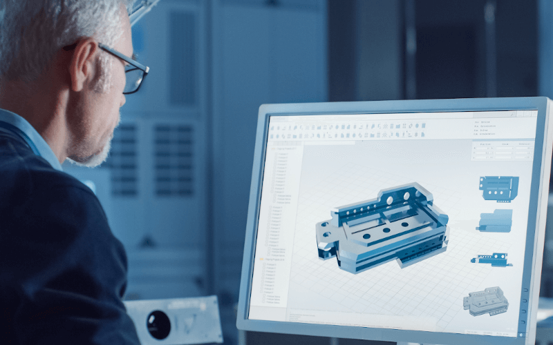 1 Konstrukteur sitzt vor einem Rechner, auf welchem er ein 3D CAD Modell abgebildet sieht