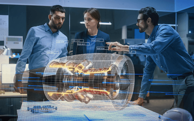 2 Männer und 1 Frau kommunizieren ein Produkt virtuell