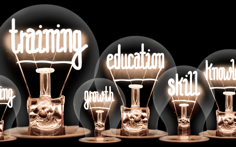 6 Glühbirnen mit verschiedenen, zu Worten geformten Glühdrähten: "learning", "training", growth", "education", "skill", "knowledge"